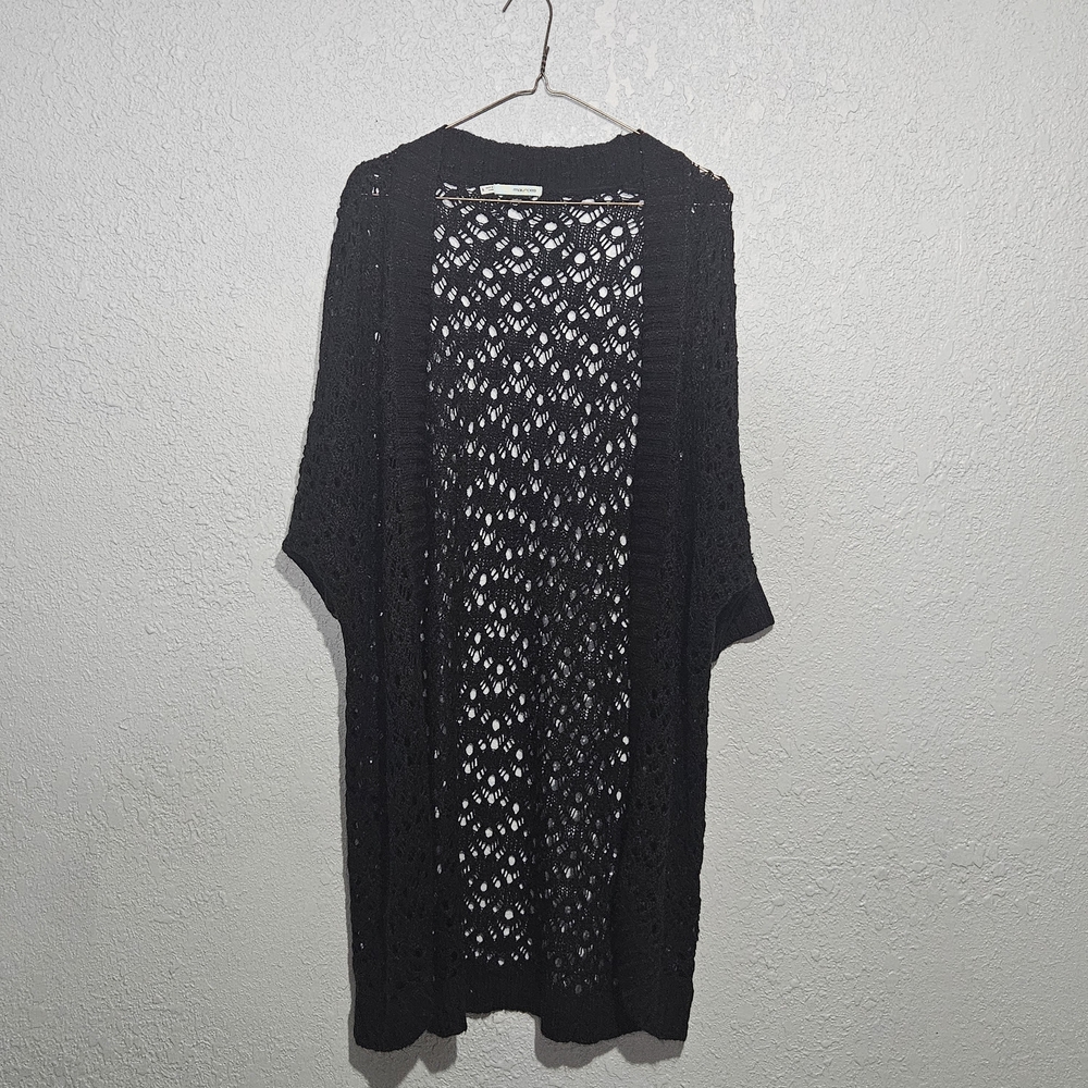 Maurice's Black Open-Knit Coverup Open Front Pockets Women's Size S 3/4 Sleeve